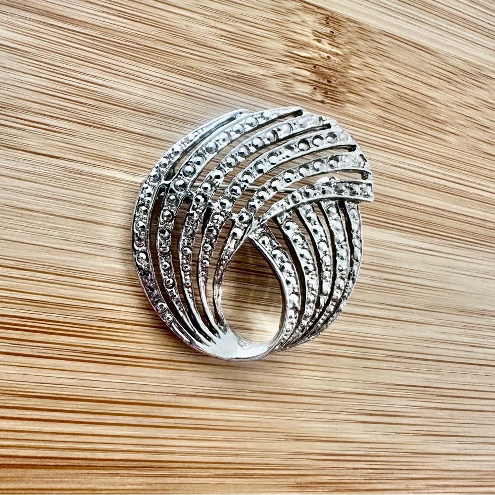 Vintage Silver Swirl Brooch Faux Marcasite Pin Art Deco Wave Circle